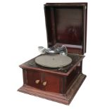 A table grand gramophone un-named, in mahogany case , now with Gilbert bugle tone-arm (no winder)