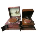 Two table grand gramophones, by Edison Bell, in oak case with replacement soundbox (motor runs); and