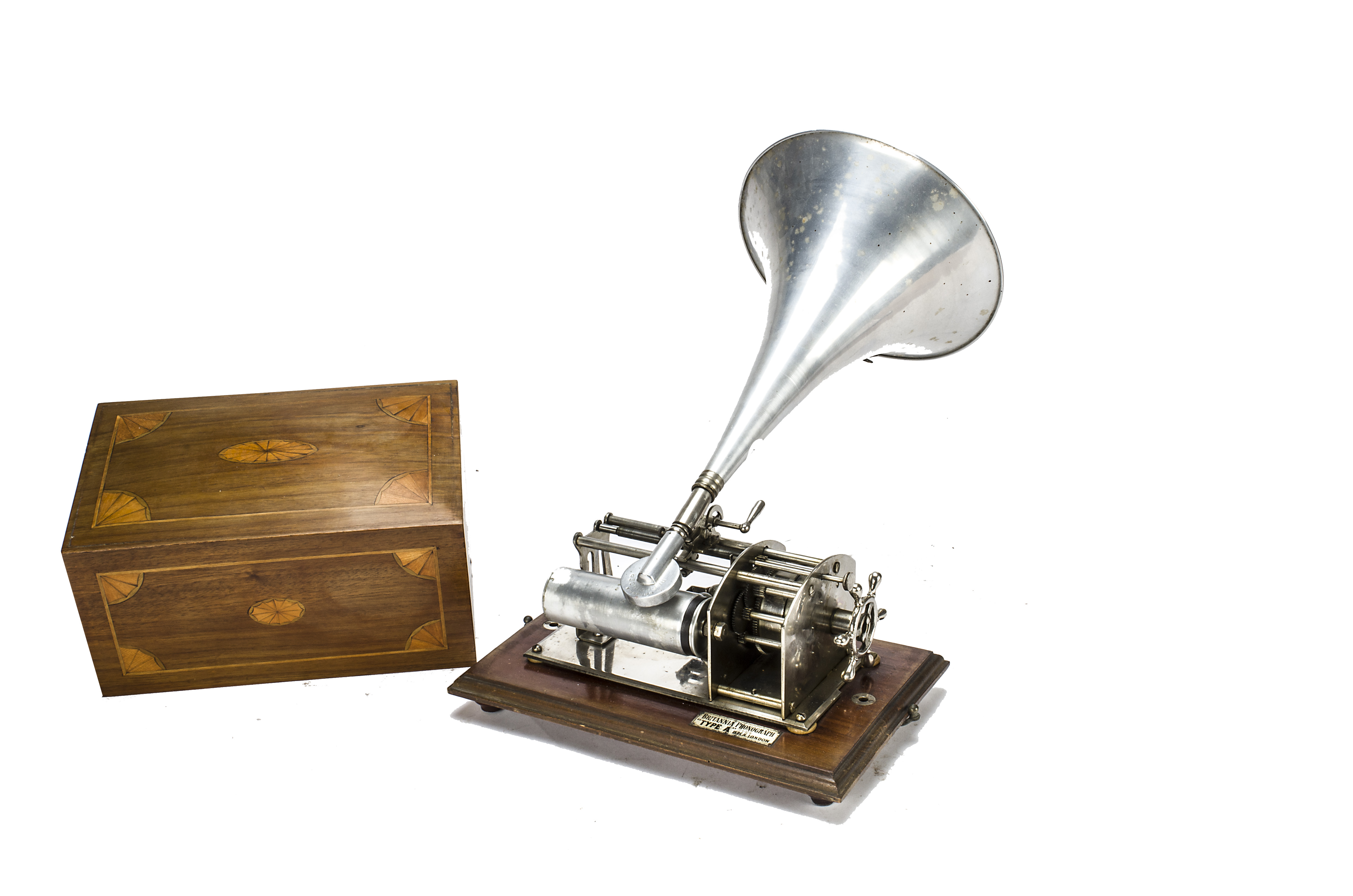 A Thorens openworks phonograph, Britannia, sold by B.H. Abrahams, with capstan wind, nickel-plated