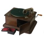 An early portable gramophone, Perophone Perfecta Midget, in oak case with detachable lid and tone-