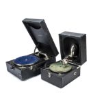Two portable gramophones, Decca Junior A, dated 5.10.26, with later soundbox; and a Linguaphone