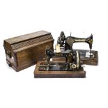 Two sewing machines, a Vesta with reciprocating shuttle (no lid); and a Singer with vibrating