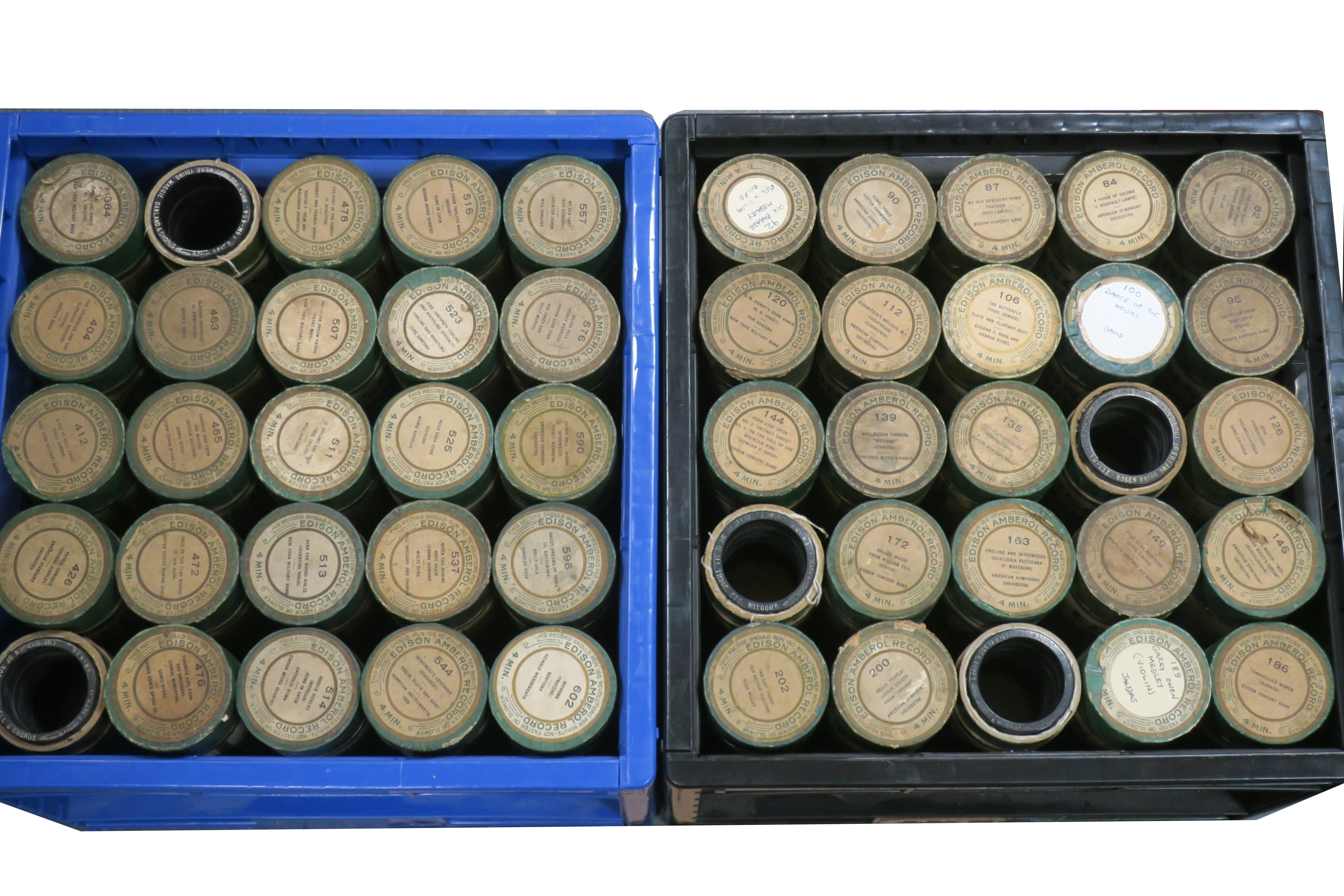 Wax Amberol cylinders, Approximately 100, Nos. 1-602, in two boxes