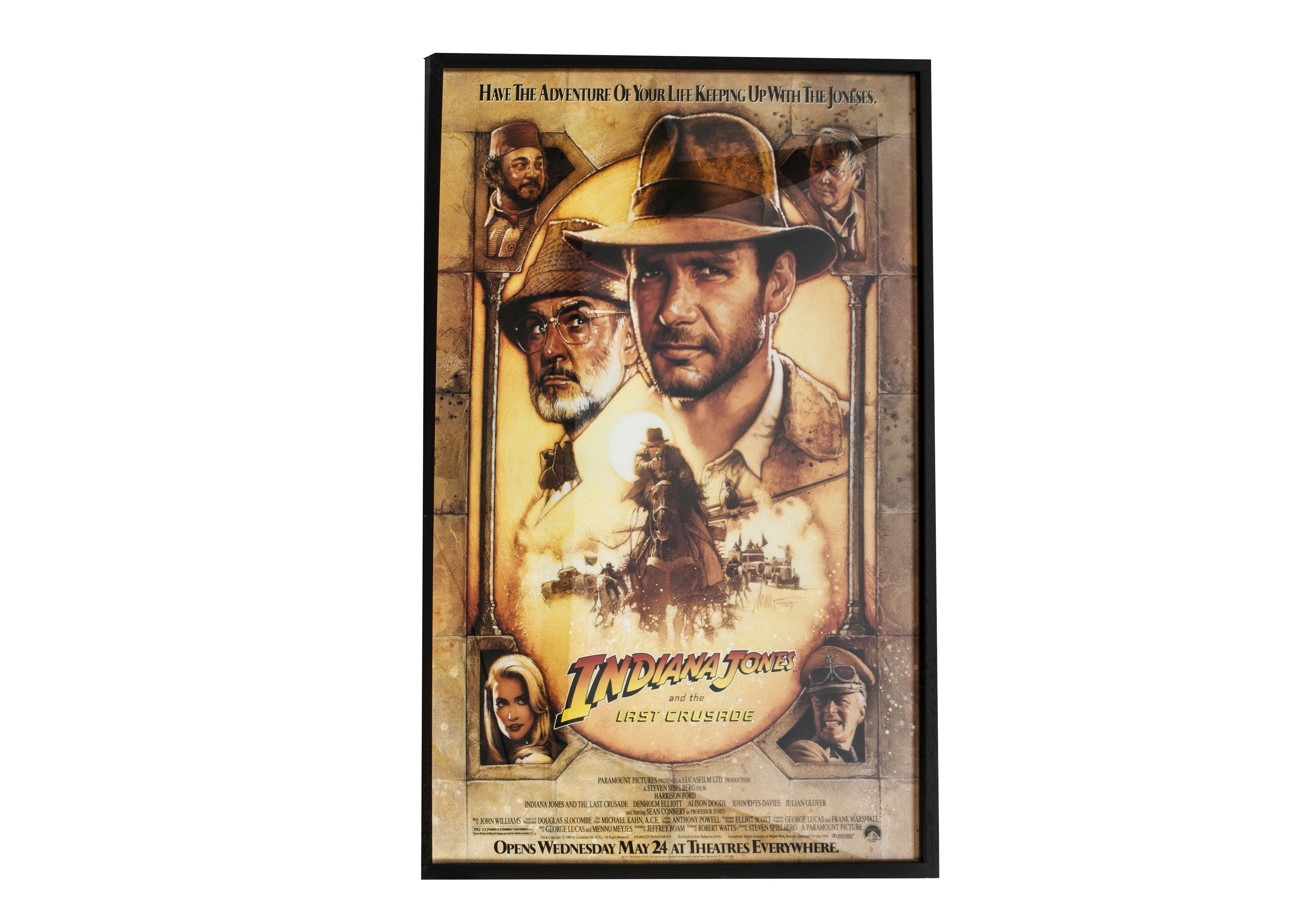 Indiana Jones Posters, three framed and glazed posters Temple of Doom, Last Crusade and Raiders of