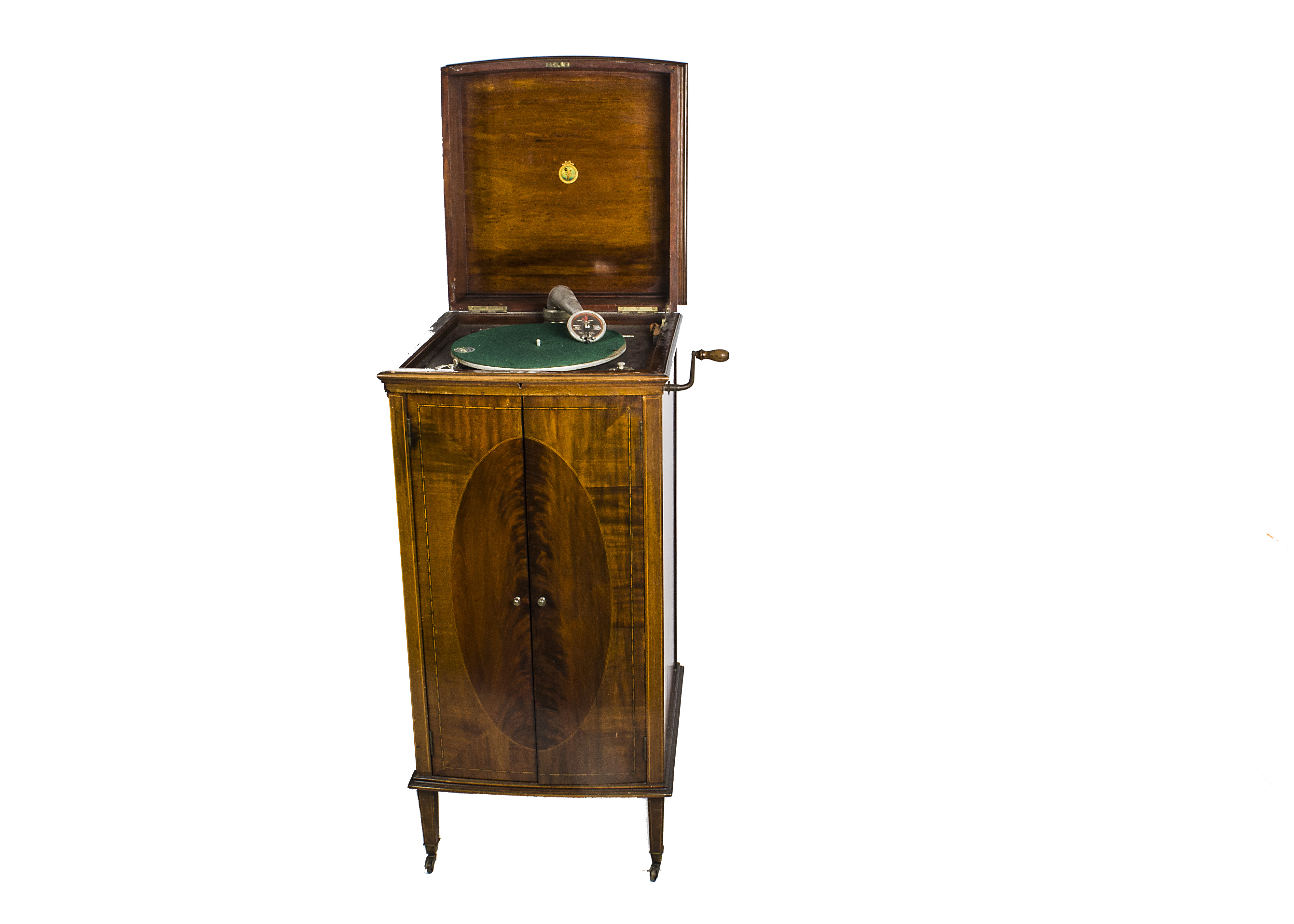 A cabinet gramophone, A New Tosca Pathéphone, in bow-fronted Sheraton-style mahogany case, with