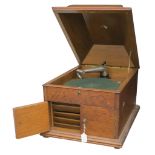 A table grand gramophone, HMV Model 8, in oak case, circa 1912 (lacking soundbox and winder, motor