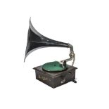 A horn gramophone, The Hamsell No. 2, with straight tone-arm and black flower horn (probably