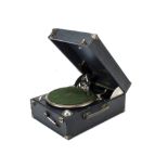 A portable gramophone, Columbia Model 202, in blue case with nickel fittings but chrome 15A soundbox