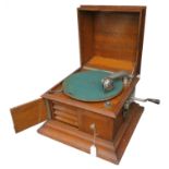 A table grand gramophone, Perophone, in square oak case with domed lid and needle dispenser and