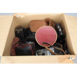 A Carton of Film Cameras and Accessories, makers include Agfa, Bencini, Coronet, FED, Hanimex,