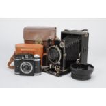 Various Cameras, a Wallace Heaton folding plate camera, Beacon II bakelite camera, Agfa Viewfinder