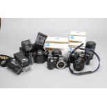 Minolta Cameras, 7000. 7000 Maxim, Dynax 7000i (2) various lenses, flash units and power winders