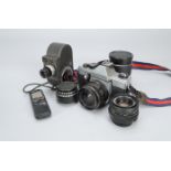 Cameras and Lenses, a Praktica MTL 50 SLR camera with a Pentacon 50mm f/1.8 lens, three other M42