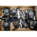 A Tray of 35mm SLR Cameras and Bodies, comprising a Canon AE-1 Program, a Pentax ME Super, a Ricoh