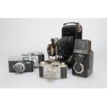 Various Cameras, including an Akarette II, Lubitel 2, Kodak no 3 folding camera and other examples