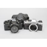 Two Olympus OM-10 SLR Cameras, OM-10 (black) with Zuiko 28mm f/2.8 lens and an OM-10 body