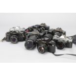 A Tray of Canon SLR Cameras, including a black A1, lens button missing, a black AE-1 , a chrome AE-