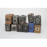 Eleven Box Cameras, examples include Zeiss Ikon Box Tengor (3), a Kodak Six-20 Brownie, a