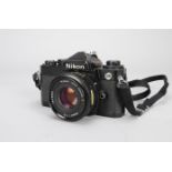 A Nikon FE SLR Camera, black, serial no 3389139, shutter working on mechanical speeds (B, M90),