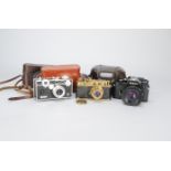 35mm Cameras, a Leica 2 brass coloured copy, Argus C3, Nikon EM with 50mm f/1.8 series E lens, lot