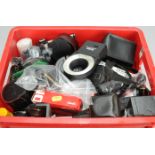 A Box of Camera Accessories, including,tele convertors, lens hoods, flash units, lenses and other