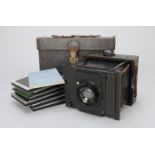 A Goertz Half Plate Camera, with 195mm f/4.5 Dogmar lens, shutter sticking, curtain creased,