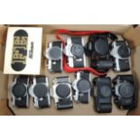 A Tray of SLR Bodies, including a Nikon FE and box, a Canon EOS 10, a Canon T50, a Minolta SR-7,