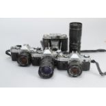 Three Canon AE-1 SLR Cameras, serial no 3108368, shutter working, with an FD 35-70mm f/4 lens, no