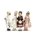 Four Old Cottage Dolls, With plastic heads, felt bodies, dressed as a Scotsman, prince, princess and