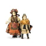 Two European cloth dolls, One with brushed cotton face, brown painted side glancing eyes, brown