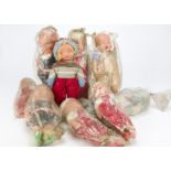 Ex-Shop Stock post-war dolls, Four Palitoy celluloid head dolls in red dungarees and two in black,