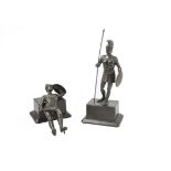 Two 20th Century bronzed figures of Roman soldiers, one carrying spear and shield, the other sword