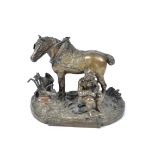 A Victorian bronze sculpture of a ploughman and his horse, 26 cm high