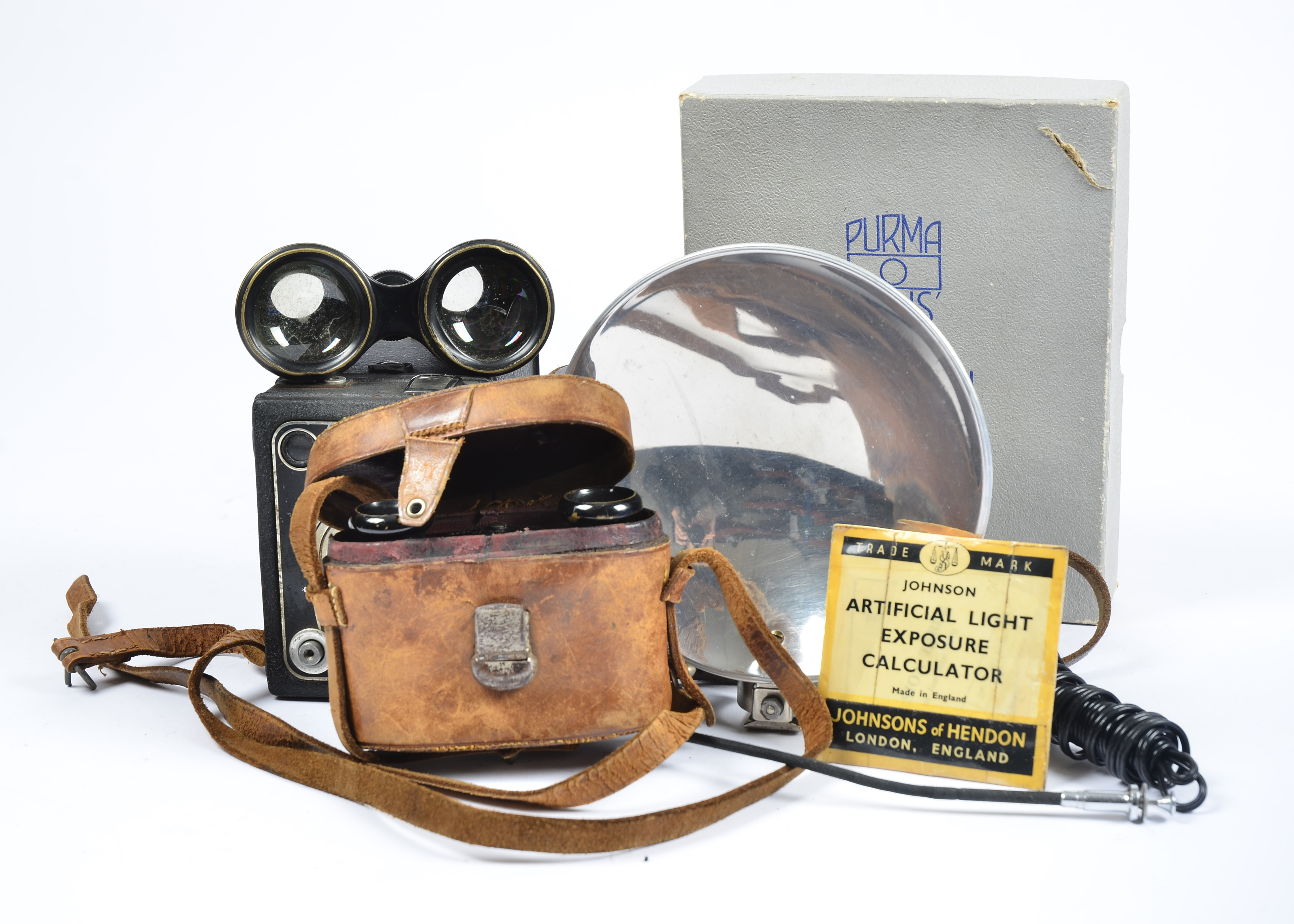 A collection of 20th Century cameras, including an Ilford 'Sportsman' camera in the original leather