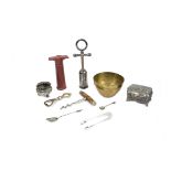 A miscellaneous collection, including a group of corkscrews, a Japanese white metal trinket box with