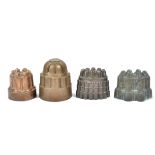 Four 19th Century copper jelly moulds, with finger style surrounds and raised decoration to the