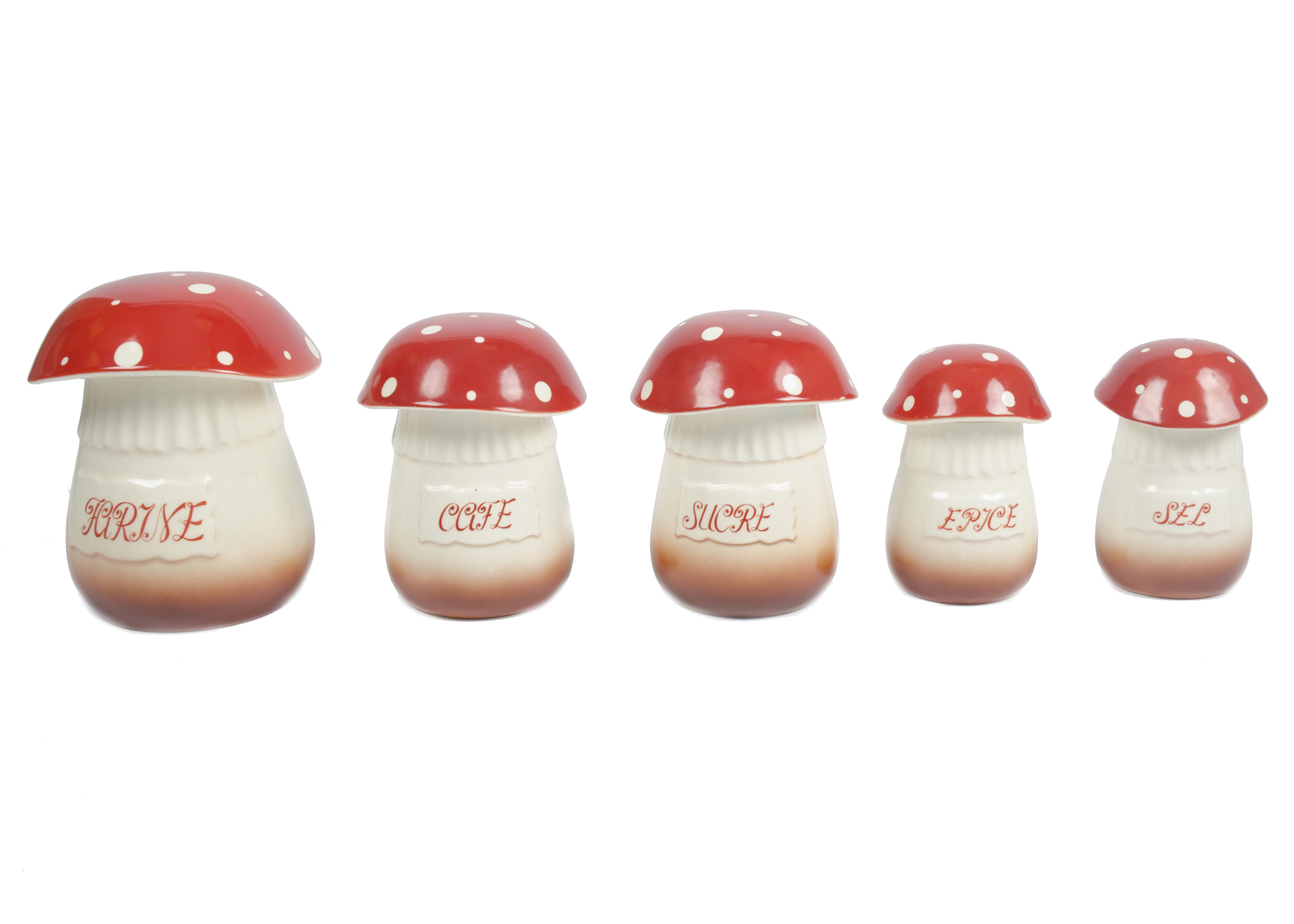 A set of five 1950s French ceramic kitchen jars in the form of mushrooms, each with labels in French