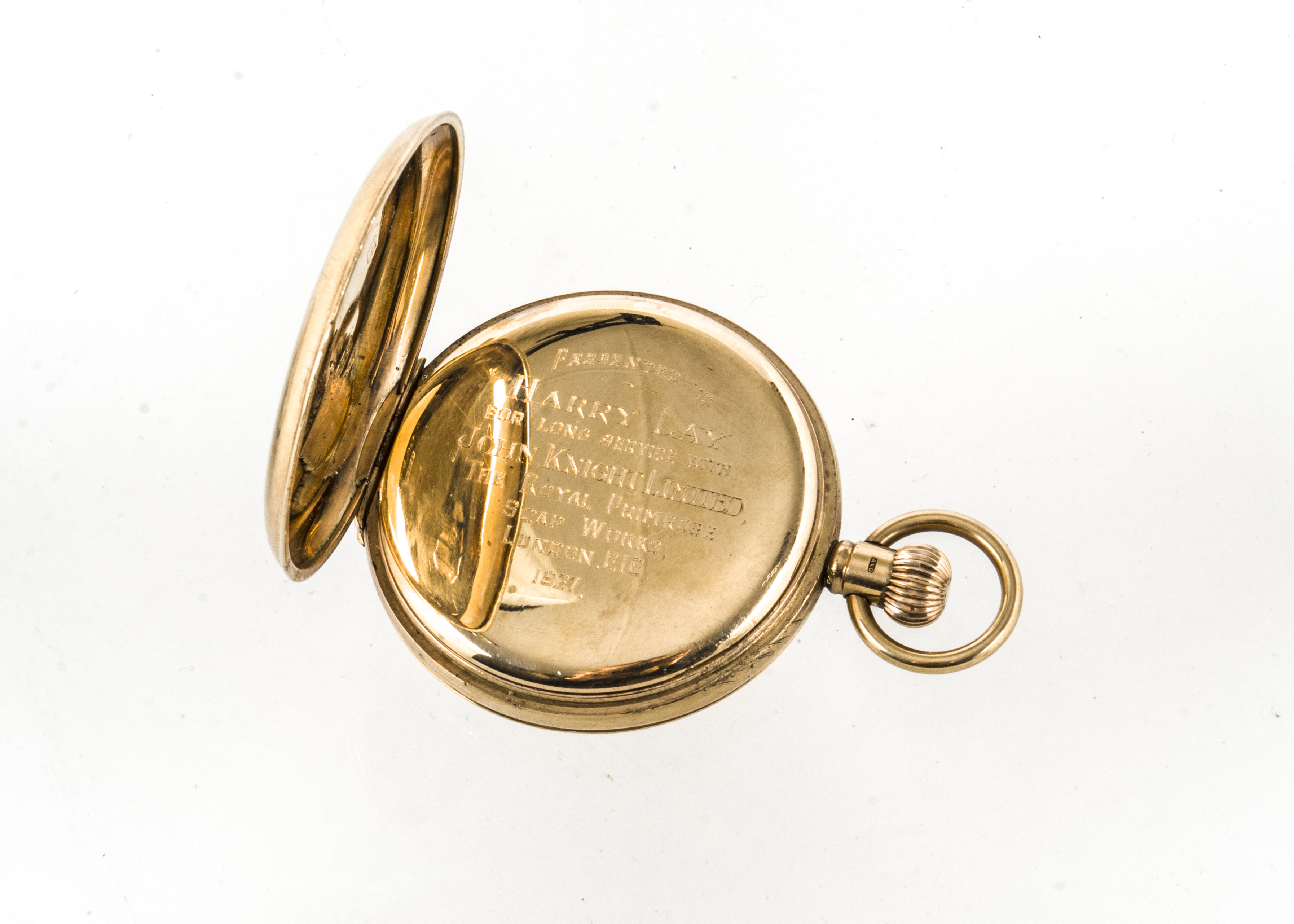 A George V 9ct gold half hunter pocket watch, 50mm case with top winder, unmarked white enamel dial, - Image 3 of 4
