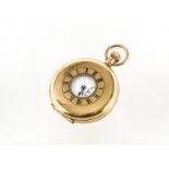 A George V 9ct gold half hunter pocket watch, 50mm case with top winder, unmarked white enamel dial,