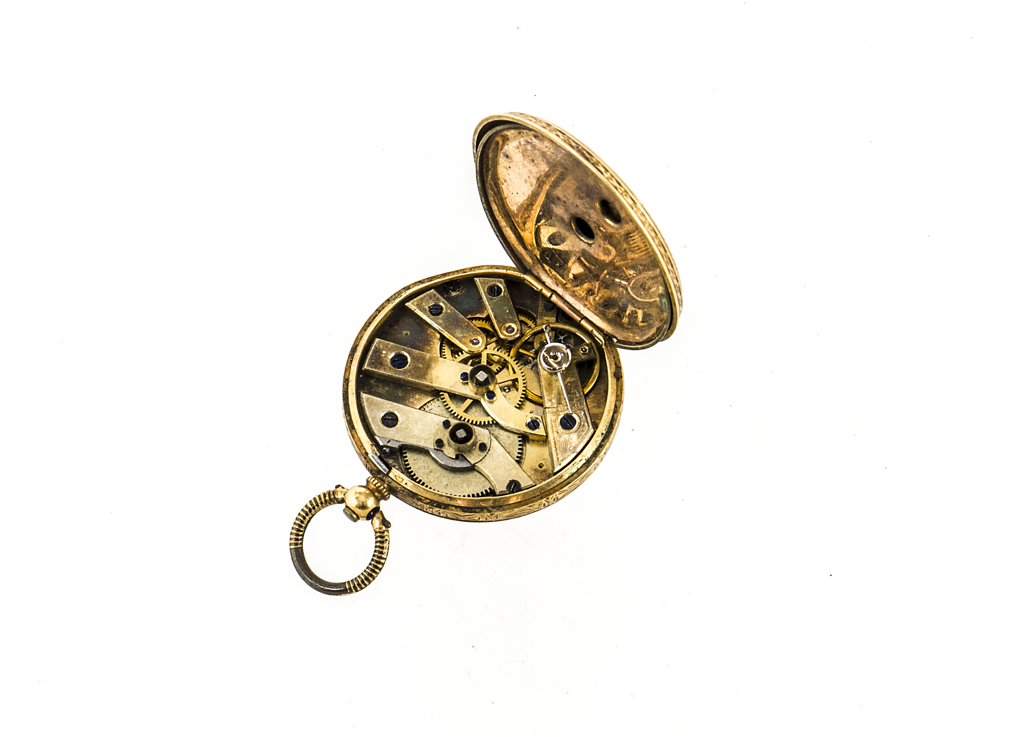 A 19th century continental 18ct gold lady's open faced pocket watch, 33mm case, engraved gilt - Image 3 of 3