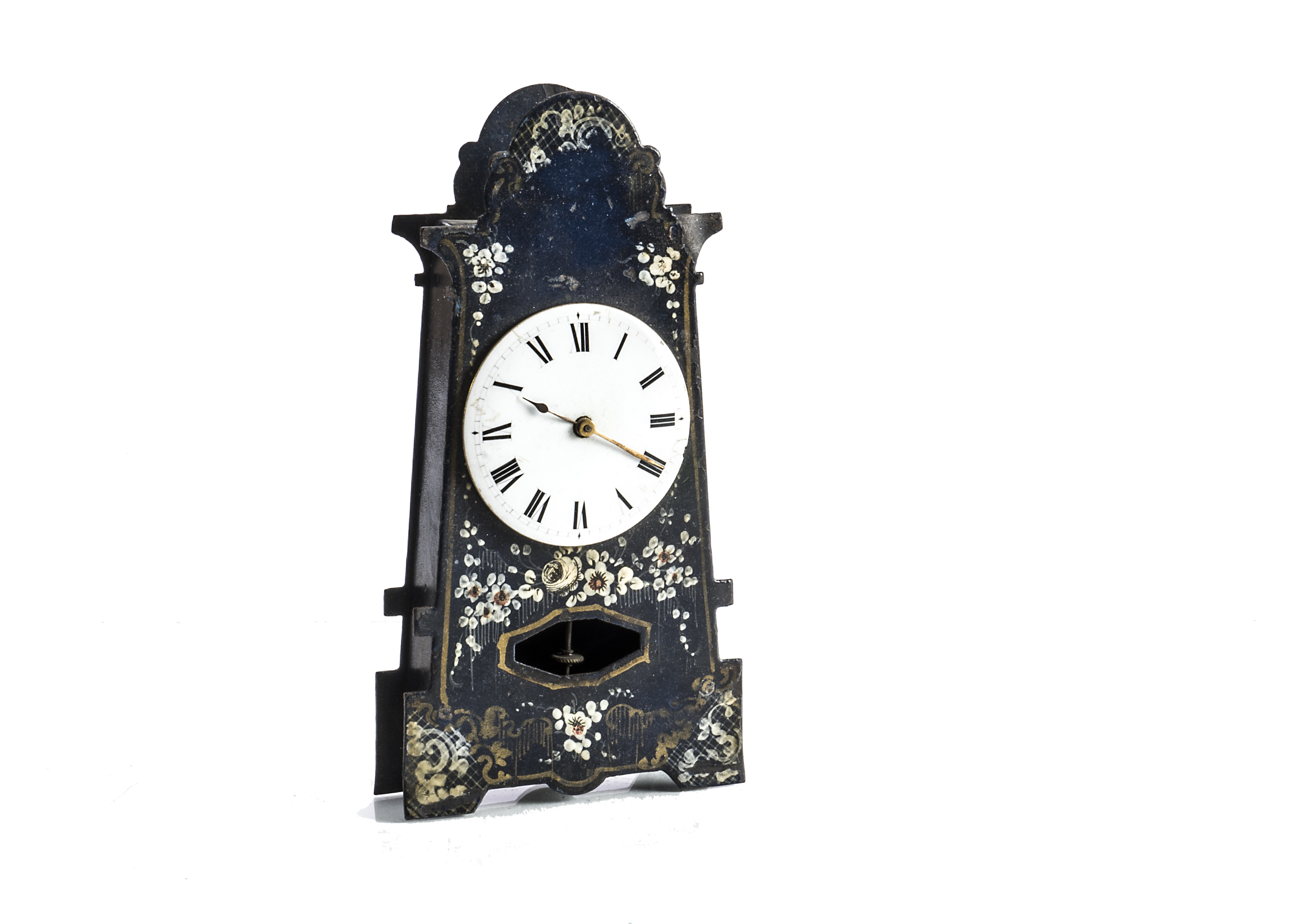 A Victorian toleware clock, having watch dial, AF, appears to run, 14cm