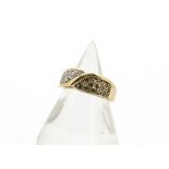 A 9ct gold diamond set dress ring, the pave set diamonds grouped in colour of cognac and white