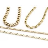 Two 9ct gold curb linked necklaces, and two gold curb linked bracelets, one marked 750, the other