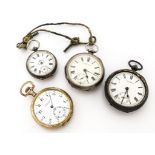 Two Victorian silver open faced pocket watches, together with a continental silver lady's example