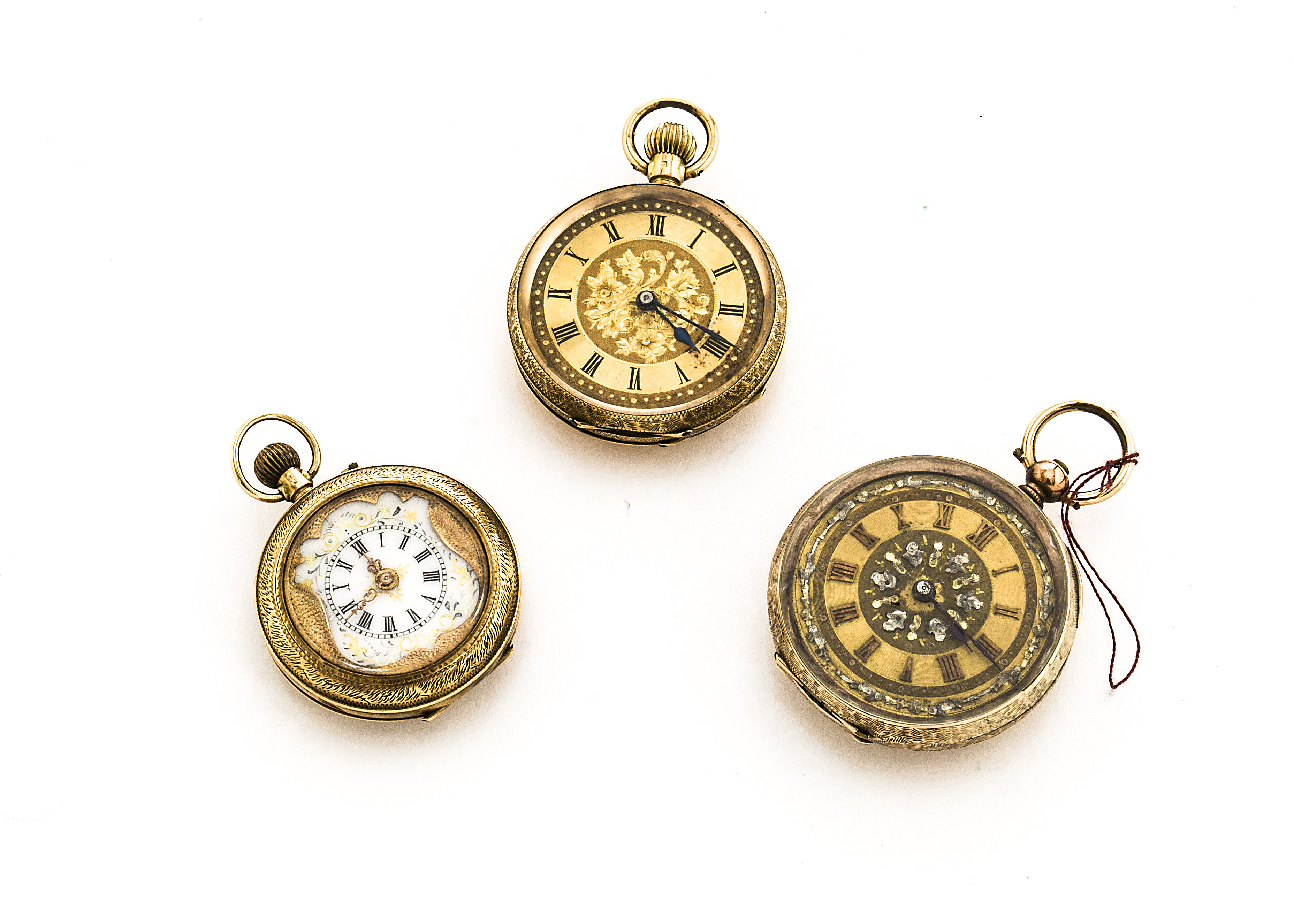 Three late 19th and early 20th century gold cased ladies open faced pocket watches, one in 14ct with