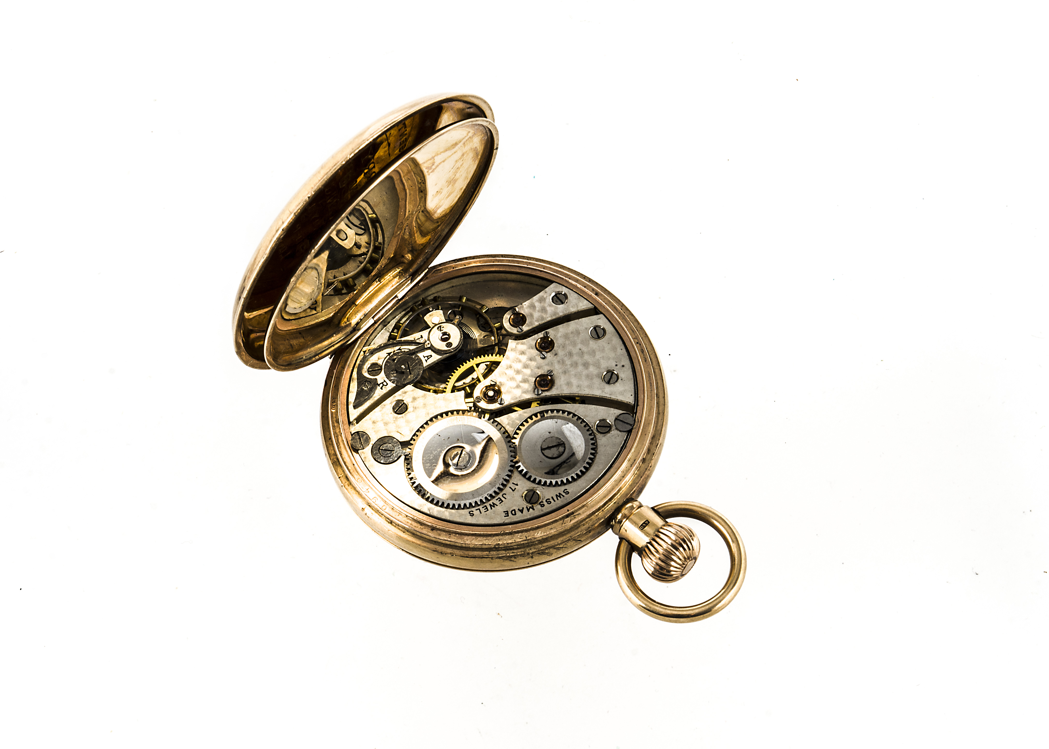 A George V 9ct gold half hunter pocket watch, 50mm case with top winder, unmarked white enamel dial, - Image 4 of 4