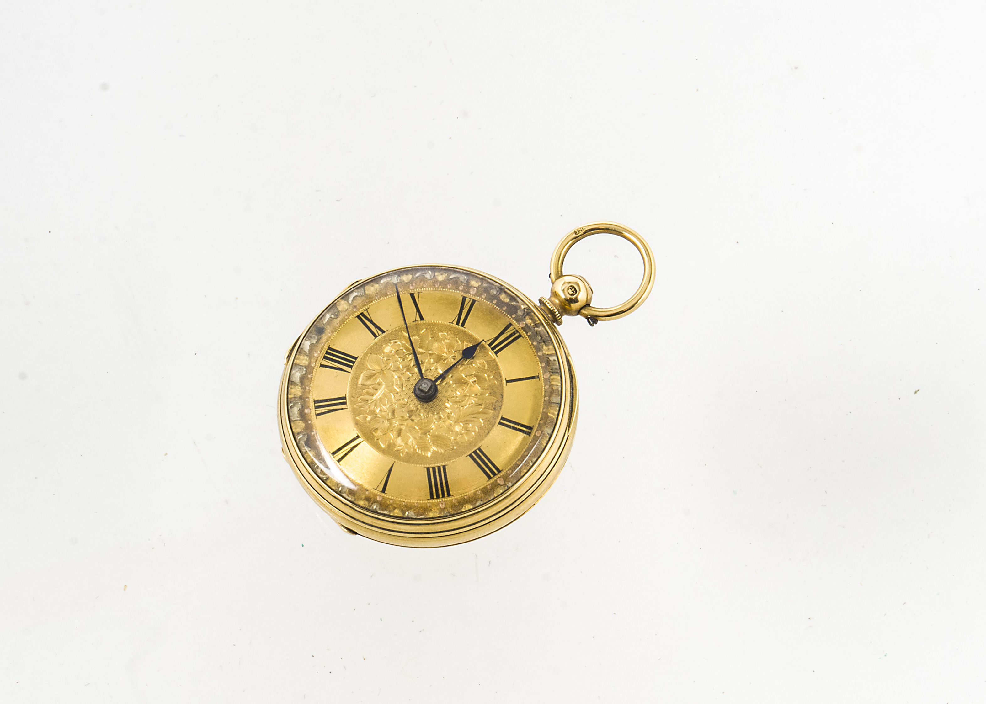 A Victorian 18ct gold lady's open faced pocket watch, 38mm case, having engraved gilt dial,