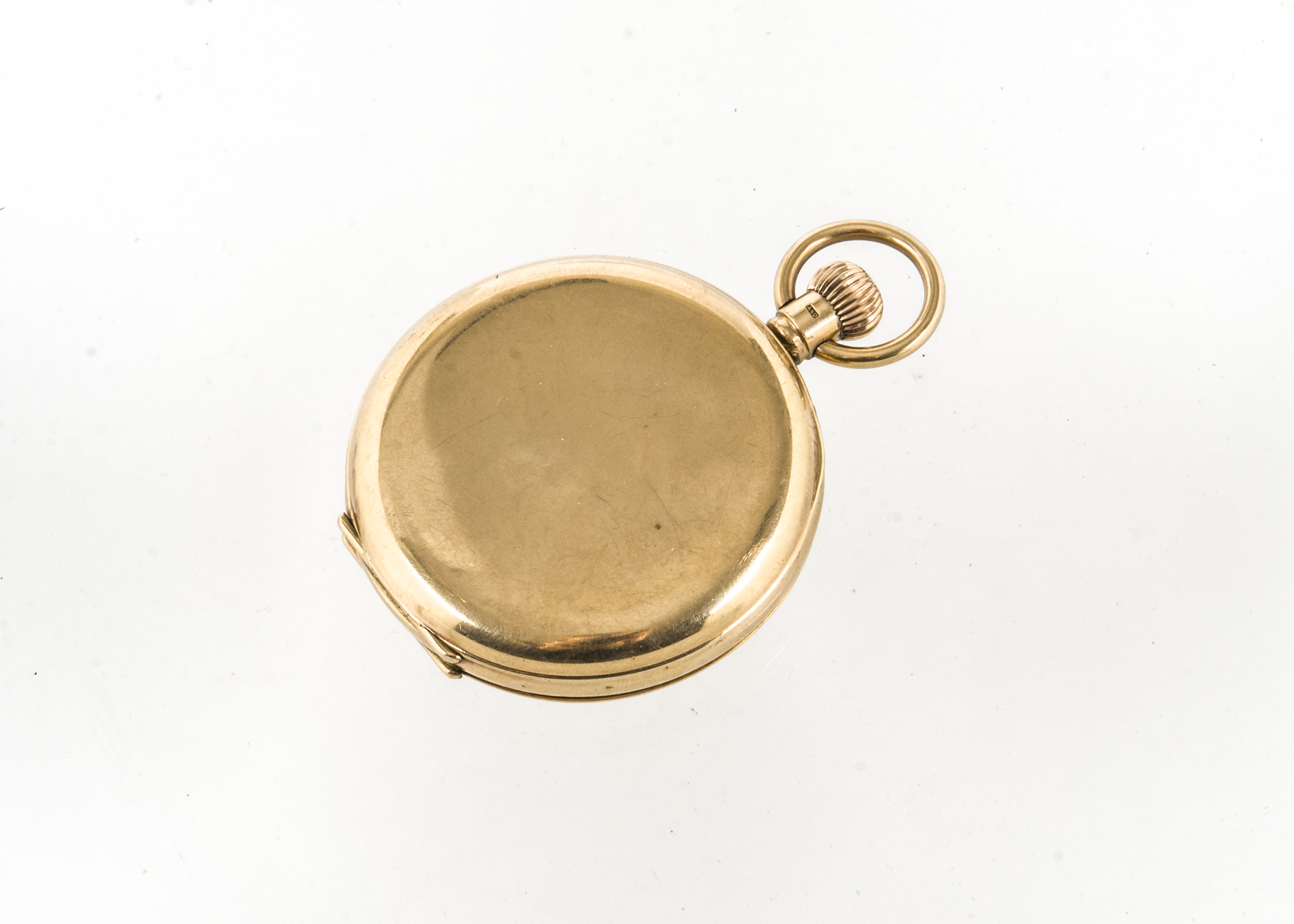 A George V 9ct gold half hunter pocket watch, 50mm case with top winder, unmarked white enamel dial, - Image 2 of 4