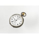 A good 1920s silver open faced pocket watch, 50mm, having stop watch facility, appears to run,