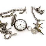 A Victorian silver full hunter pocket watch and three silver watches chains, together with a